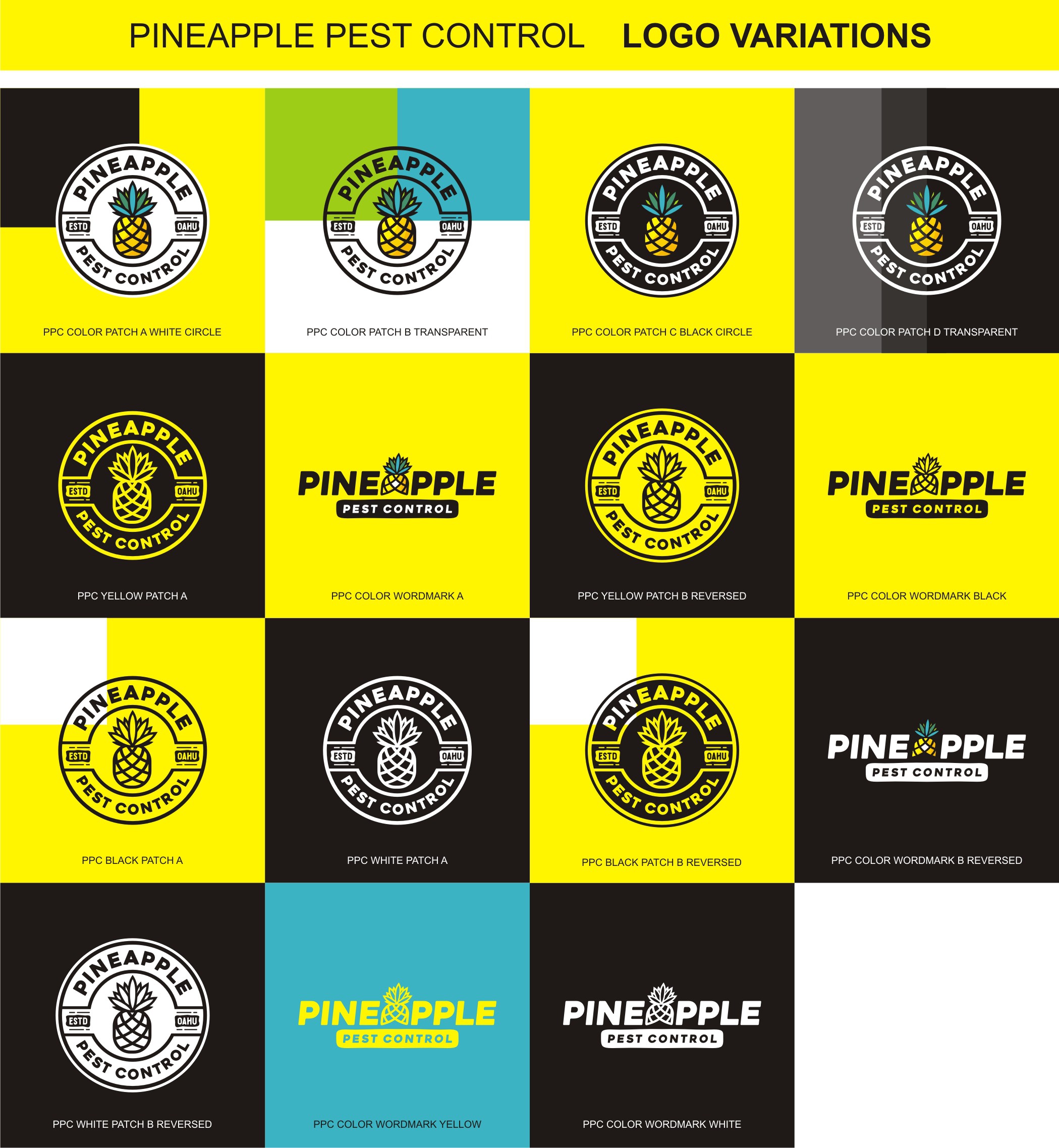 Minimalist Hawaiian and surfing inspired pest control company font based logo with a pineapple for an “A”